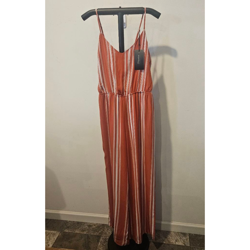 Women's Shinestar NWT Rust & White Sleeveless Striped Jumpsuit L